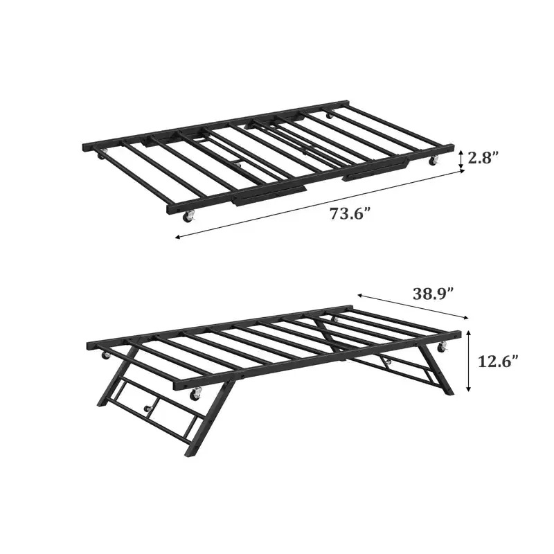 GustoWave Twin Size Pop Up Trundle Bed Frame, Trundle Day Bed with Lockable Casters, Foldable Metal Platform, 73.6''