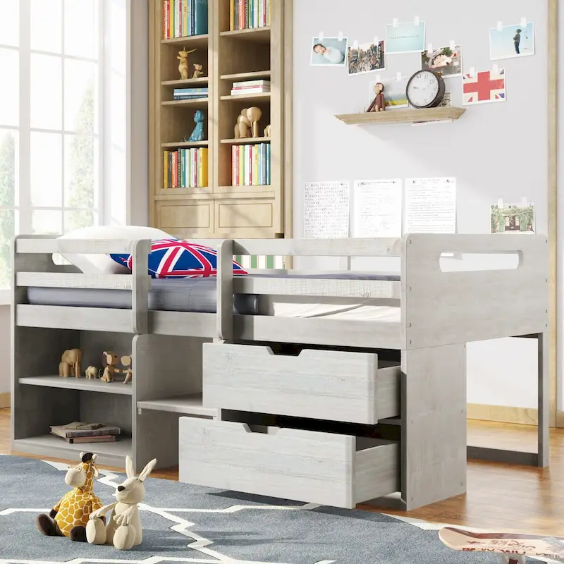 Solid Wood Twin Size Loft Bed with Dual Shelves and Two Drawers for Storage