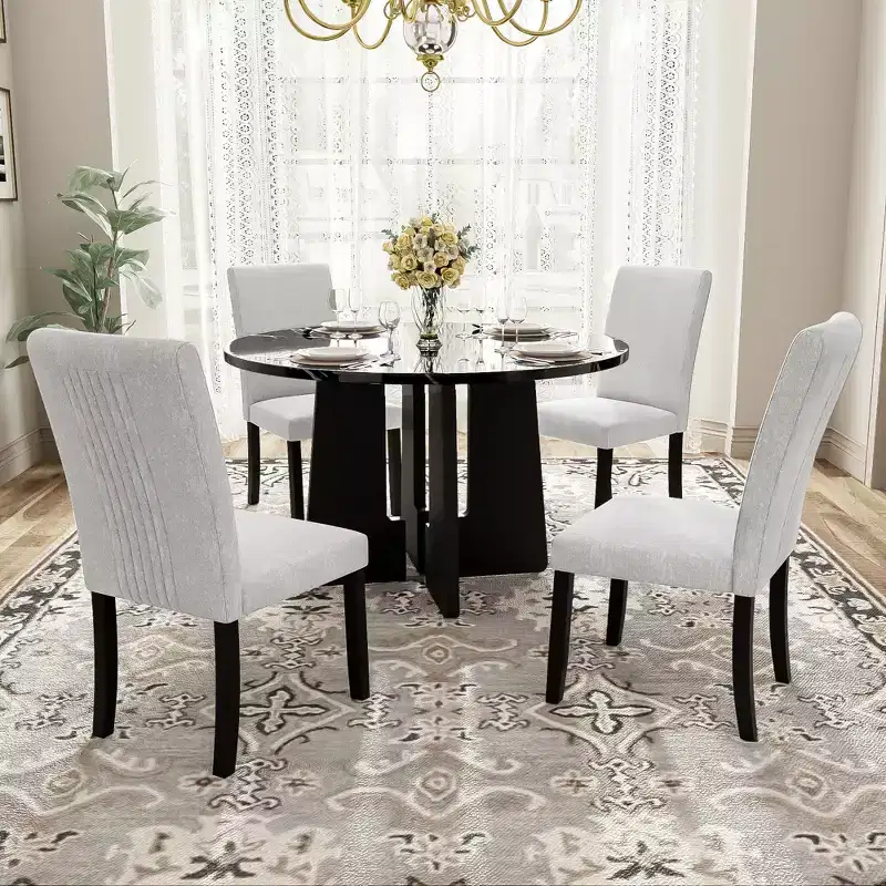 5 Piece Round Dining Table Set for 4, Modern Marble Dining Table and 4 High Back Upholstered Chairs