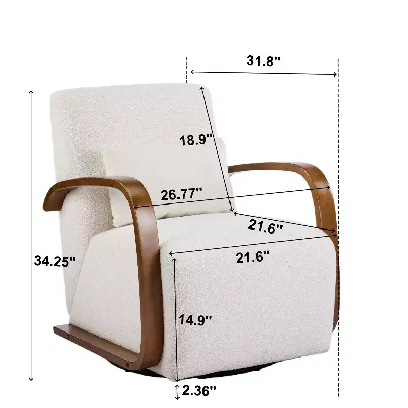 FurnitureR Linen Blend Swivel Accent Chair with Curved Wood Arms and Pillow, Upholstered Lounge Chair for Living Room, Bedroom, Reading Corner, Cream