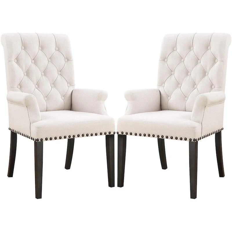 Rolled Back Design Button Tufted Beige Dining Arm Chair with Nailhead Trim