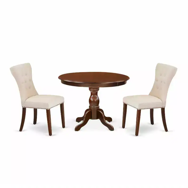 3-Piece Mahogany Finish Solid Wood Top - Round Button Tufted Dining Room Set - Seats 4