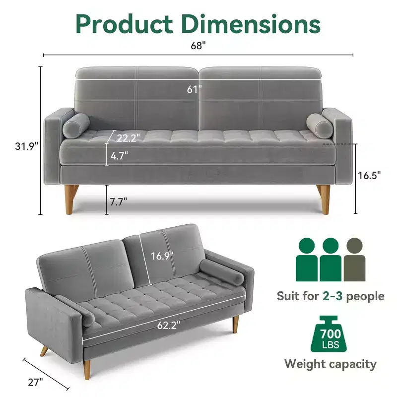 Dyonery 68 Sofa Velvet Loveseat Couch Mid Century Modern Sofa Couch with Solid Wood Legs