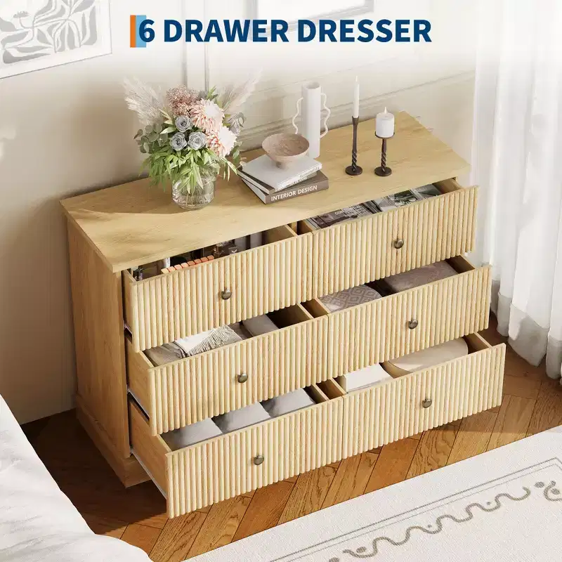 6 Drawer Dresser for Bedroom, Horizontal Chest of Drawers, Fluted Panel Wood Dresser, Small Space Bedroom Dresser for Clothing Storage, Natural
