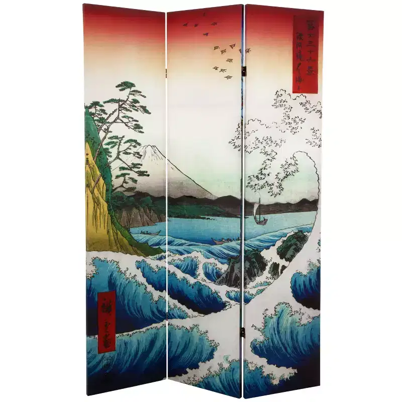 6' Tall Double Sided Hiroshige Room Divider Sea At Satta/Teahouse : Folding Privacy Screen, Wood Composite Frame