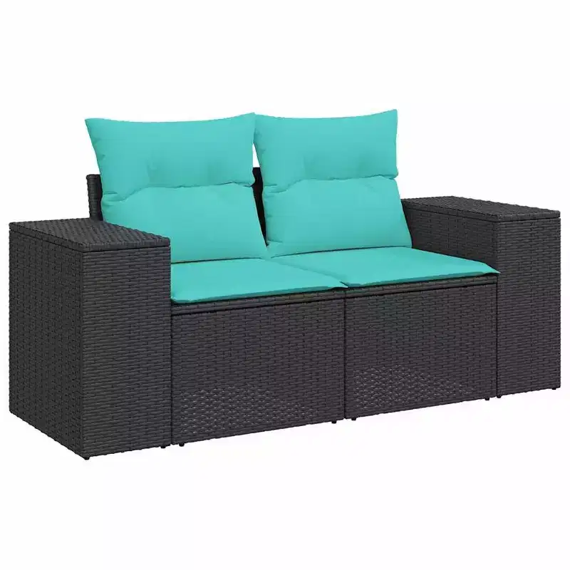 vidaXL Patio Sofa Set Black with Blue Cushions
