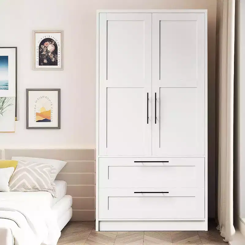 Wooden Armoire Wardrobe Closet with 2 Drawers, 70 Tall Storage Cabinet with 2 Doors, Modern Bedroom Clothing Armoires with Hanging Rods, White