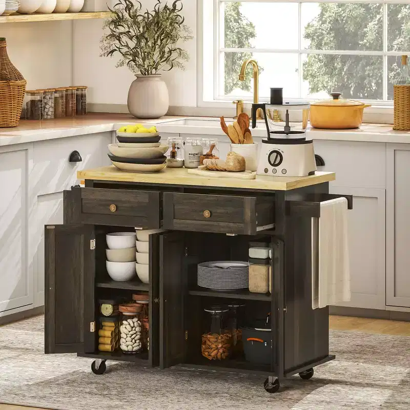 Kitchen Island on Wheels, Rolling Cart with Rubberwood Top, Spice Rack, Towel Rack and Drawers