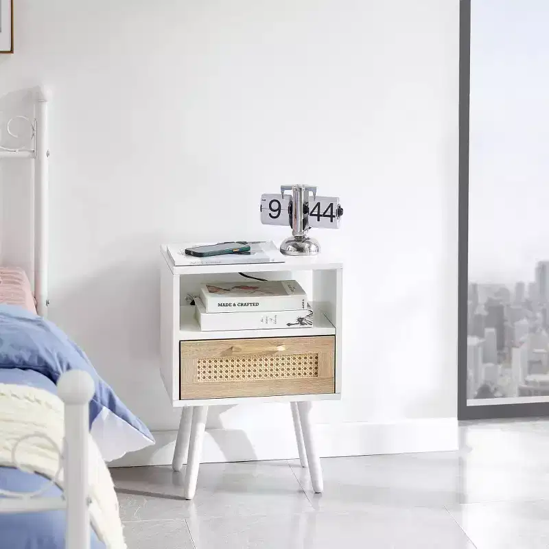 Nightstand with Charging Station, Rattan Side End Table, 15.75 Wood Bedside Accent Table with Storage with Drawer, USB Ports for Living Room