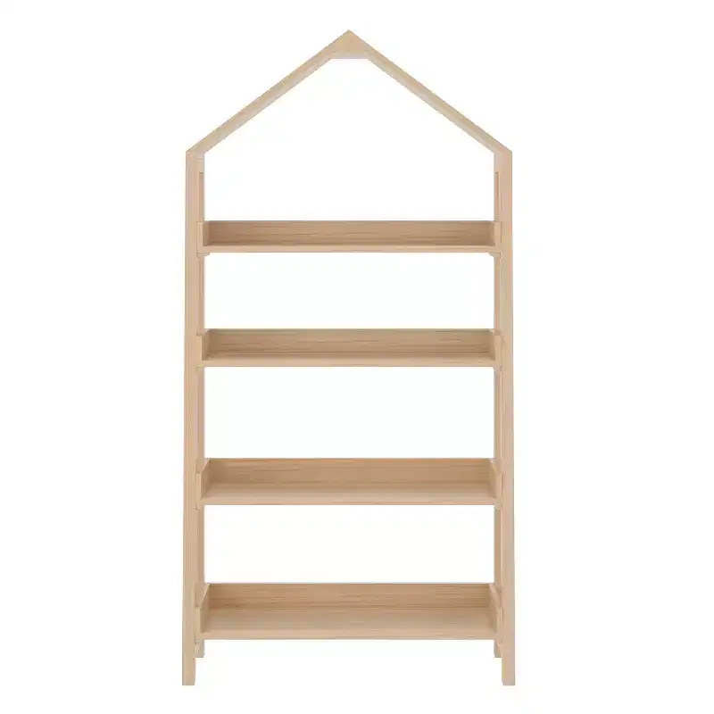 Wood Open Bookshelf with Covered Triangular Top, 4 Shelves and Squared Legs