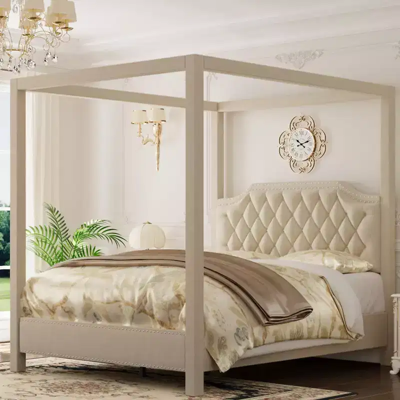 Canopy Bed Frame with Nailhead Headboard, Upholstered Platform Bed with 1200LB Capacity, Solid Wood Slats, No Box Spring Needed, Noise Free
