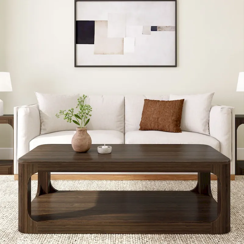 Solid Pine Wood Rectangular Coffee Table with Bottom Shelf – Pecan / Walnut, 1-Unit