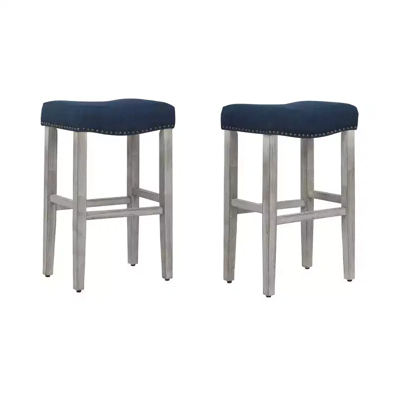 WestinTrends 29 Upholstered Saddle Seat Bar Stool (Set of 2), Antique Gray/Navy Blue