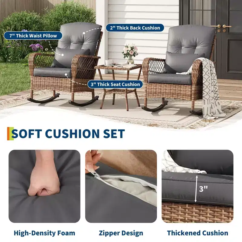 3-Piece High-Back Wicker Patio Rocking Chair Set with Side Table, All-Weather Rattan Outdoor Chairs with Washable Cushions, 330 lb Capacity