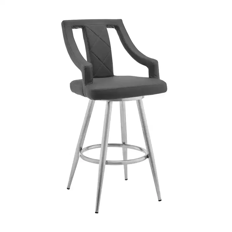 29 Gray And Silver Faux Leather And Iron Swivel Bar Height Bar Chair