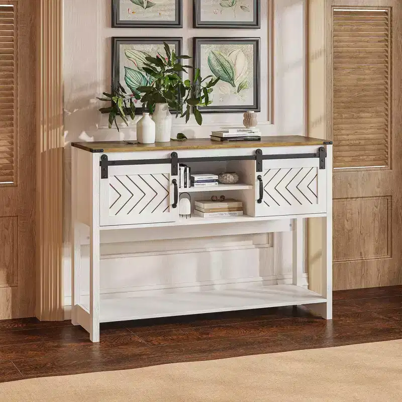 Farmhouse Console Table with Sliding Barn Door, Rustic Storage Entryway Table with Drawers & Adjustable Shelf