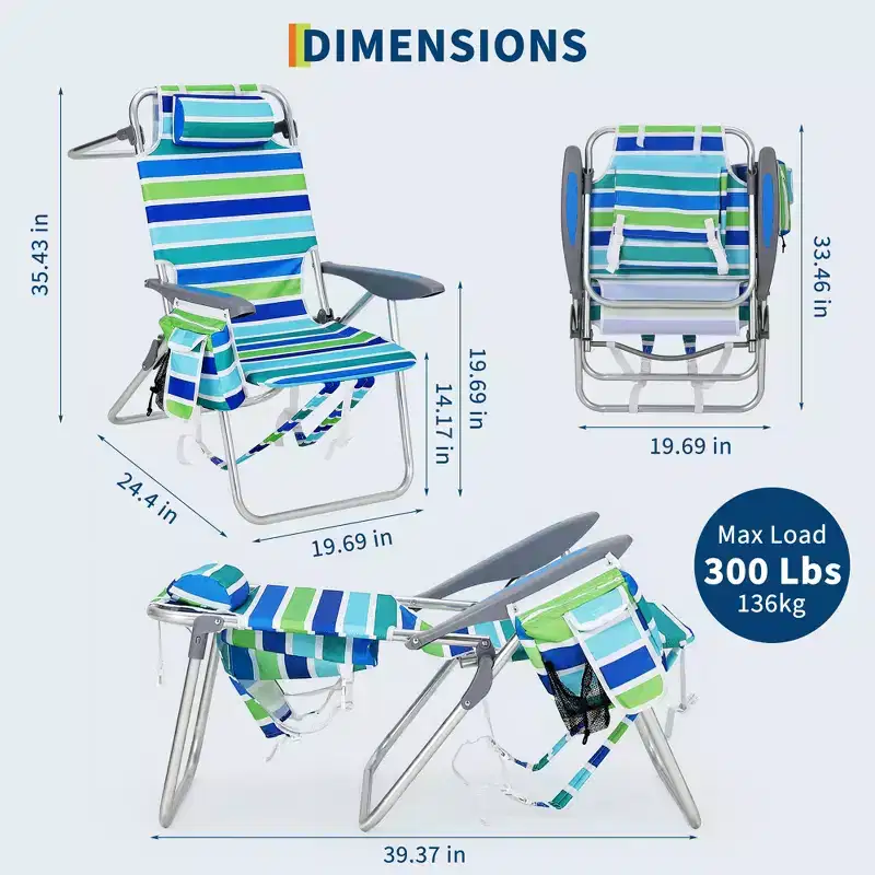 Set of 2 Backpack Beach Chairs for Adults, Lightweight Aluminum Folding Chairs with 5-Position Adjustable Backrest, Towel Bar, Storage Pockets