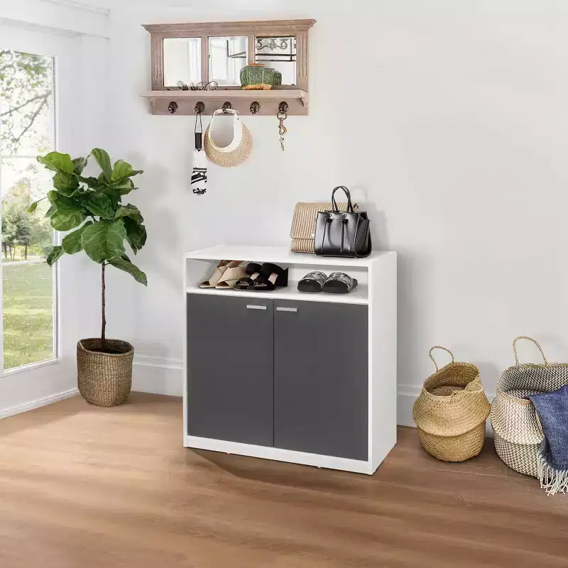 2-Door Shoe Storage Cabinet with Open Shelf White Grey Holds 16 Pairs Entryway