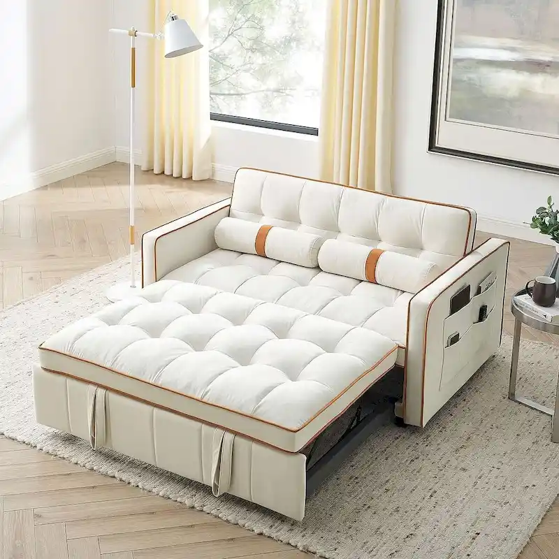 Modern 55.5 Velvet Pull-Out Adjustable Sofa Bed with Side Pockets