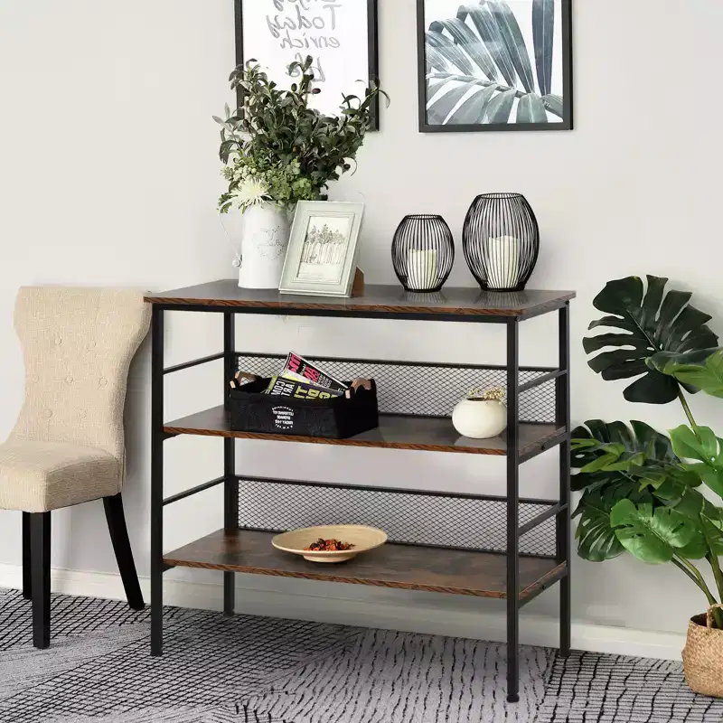 3-Tier Console Table Industrial Style Storage Metal Wooden Shelf with a Robust Multi-Functional Design & Adjustable Feet