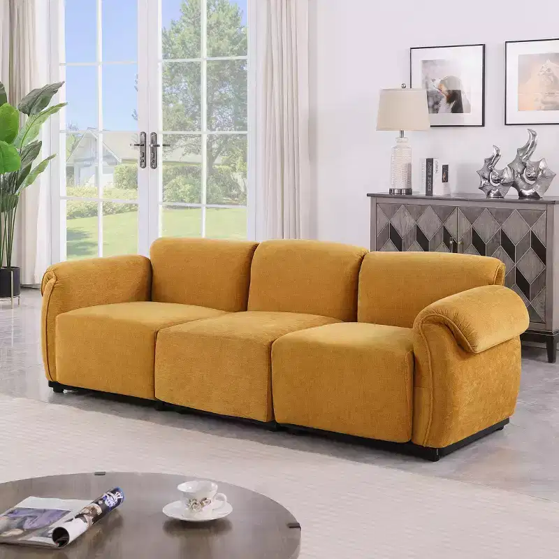GDFStudio Khalid Modern 93 3-Seater Wood and Iron Chenille Upholstered Sectional Sofa with Split Backrest