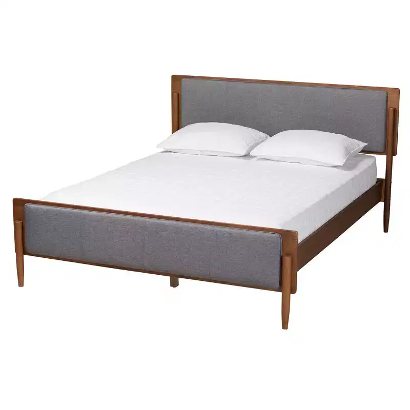 Wooden Platform Bed: Mid-century design, foam-padded, no box spring required.