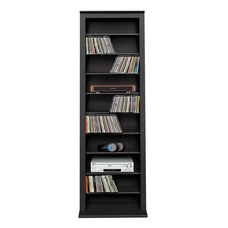 Slim Media Storage Tower, Black, Mid-Century Modern Cabinet with Adjustable Shelves, Holds 391 CDs