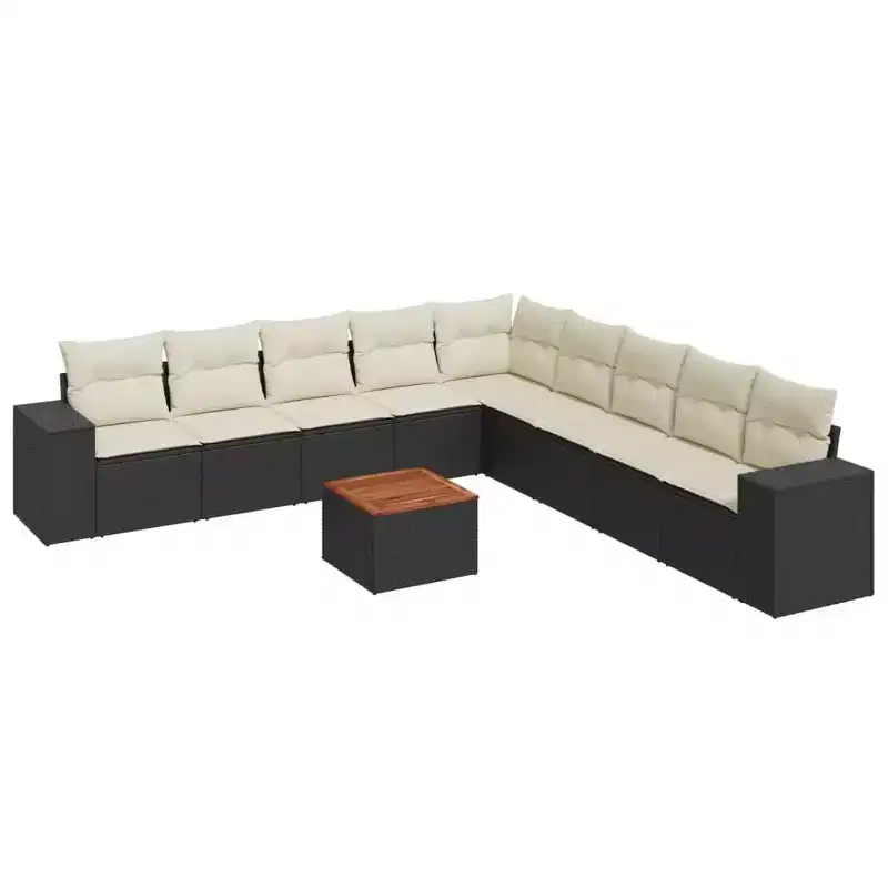 vidaXL 10 Piece Patio Sofa Set with Cushions Black and Cream Poly Rattan