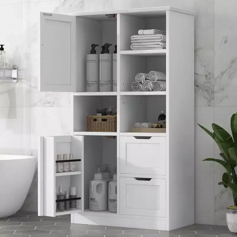 GDFStudio Walter Modern Wood Freestanding Bathroom Storage Cabinet with Drawers, Open Shelves and Enclosed Cabinet