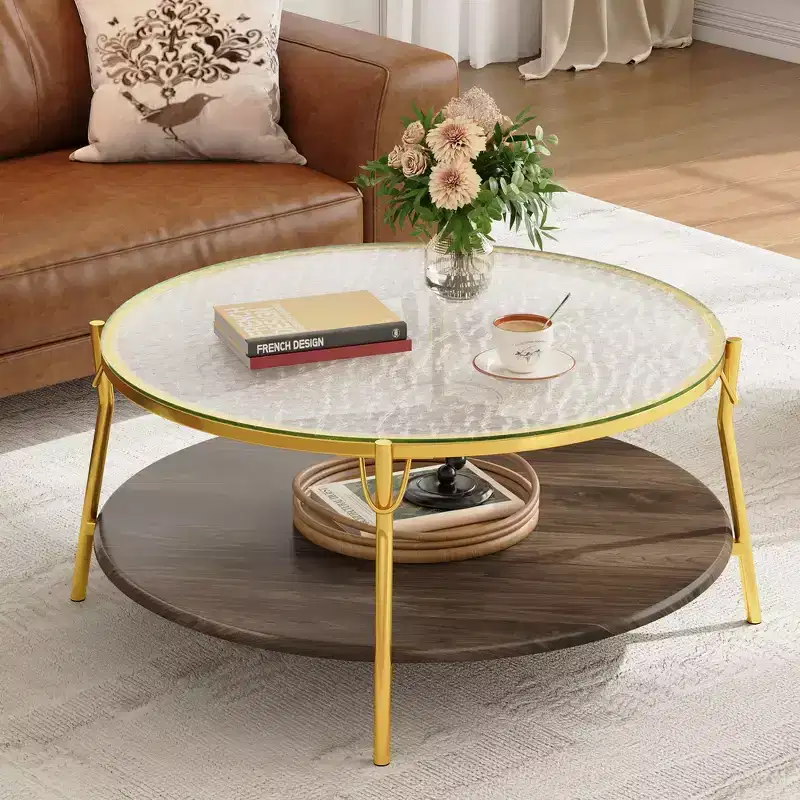 Whisen 29.9 Round 2-Tiered Coffee Table with Walnut Finish, Glass Top and Gold Metal Base for Living Room - Gold & Glass & Walnut