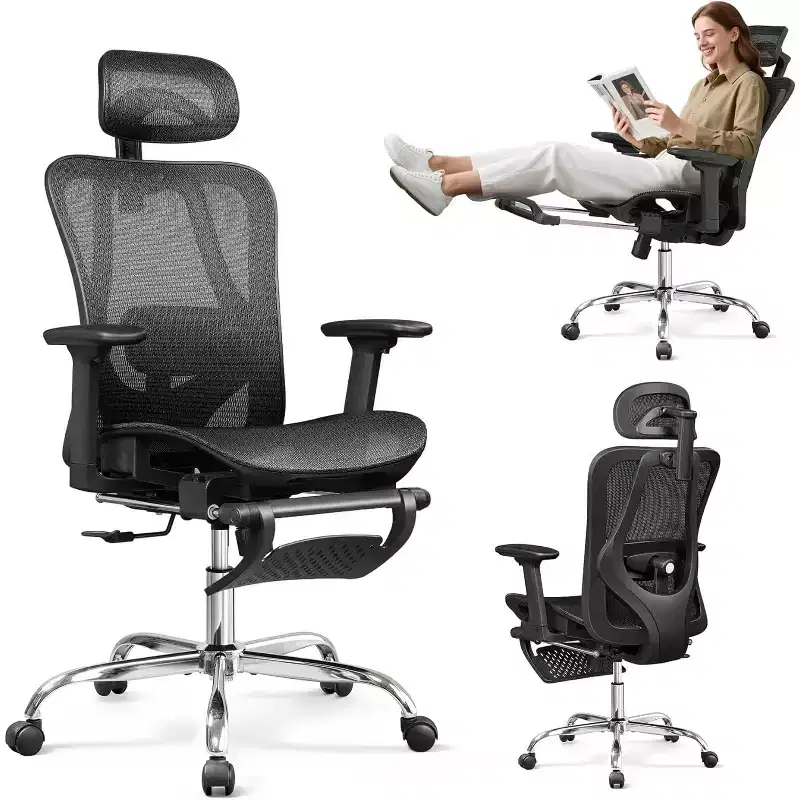 GALAXHERO Ergonomic Mesh Office Chair High Back Reclining Desk Chair with Retractable Footrest & Adjustable Lumbar Support Tilt Function Black