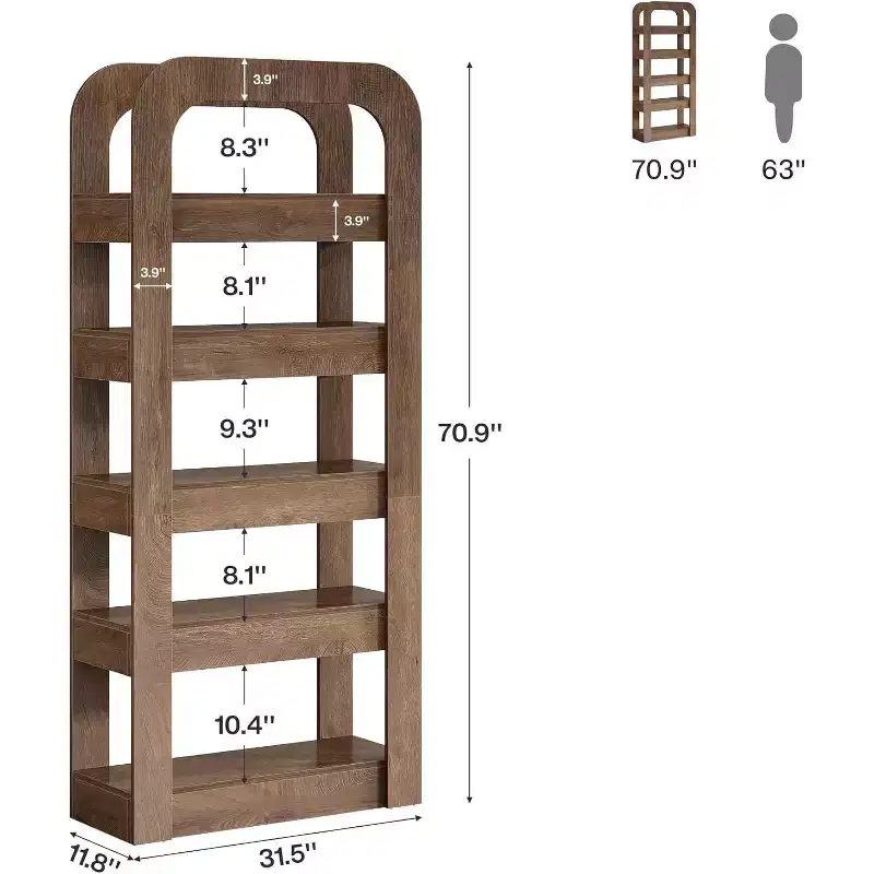 70.9-Inch Tall Bookshelf, 5-Tier Bookcase with Open Shelves, Industrial Style Shelving Storage Unit for Home Office