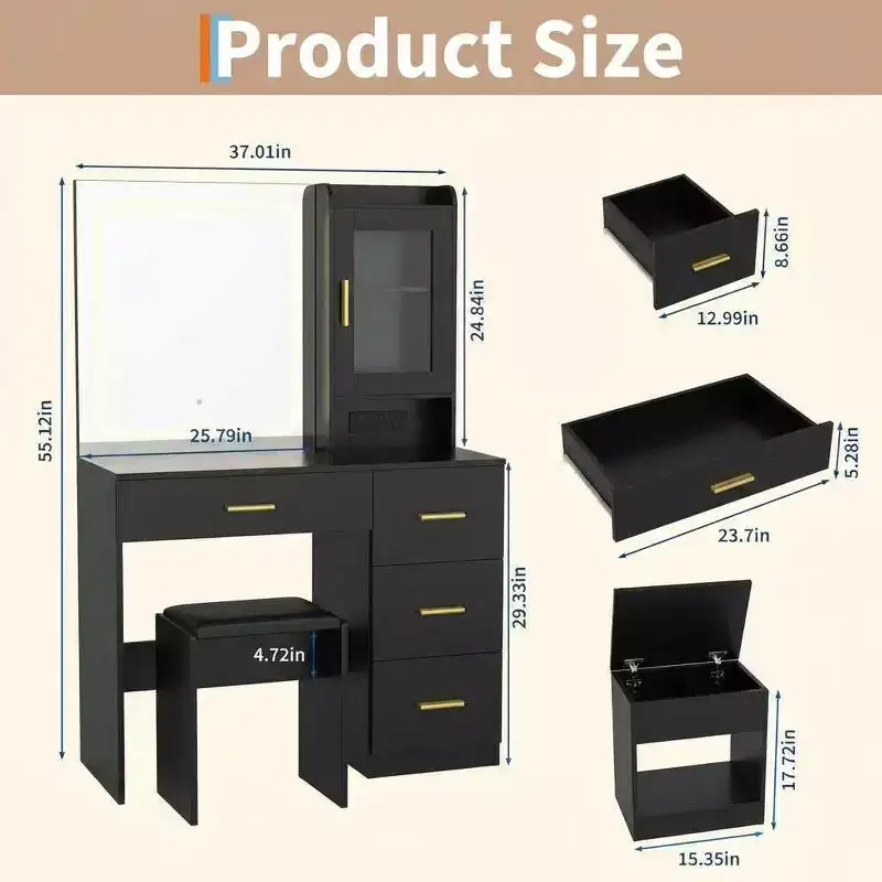 Vanity Desk with Mirror, Modern Makeup Dressing Table, Storage Stool, 4 Drawers, Vanities with Vanity Mirror