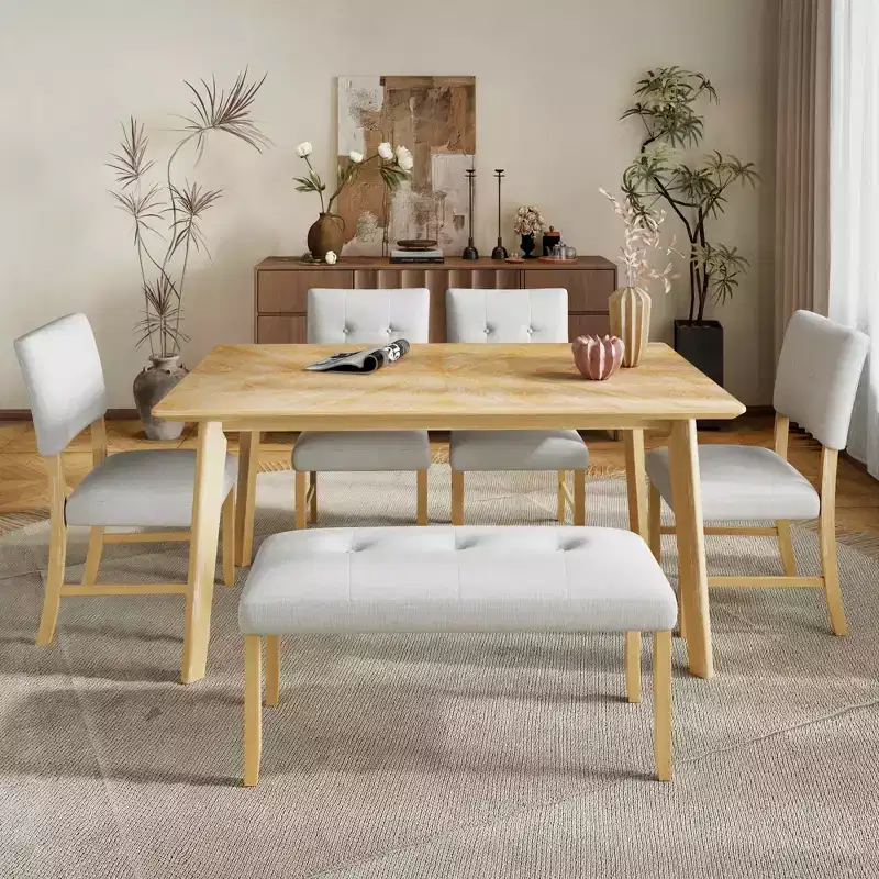 MAYEERTY 6-Piece Farmhouse Dining Set, Solid Wood Table, 4 Chairs & Bench, Natural Wood Wash