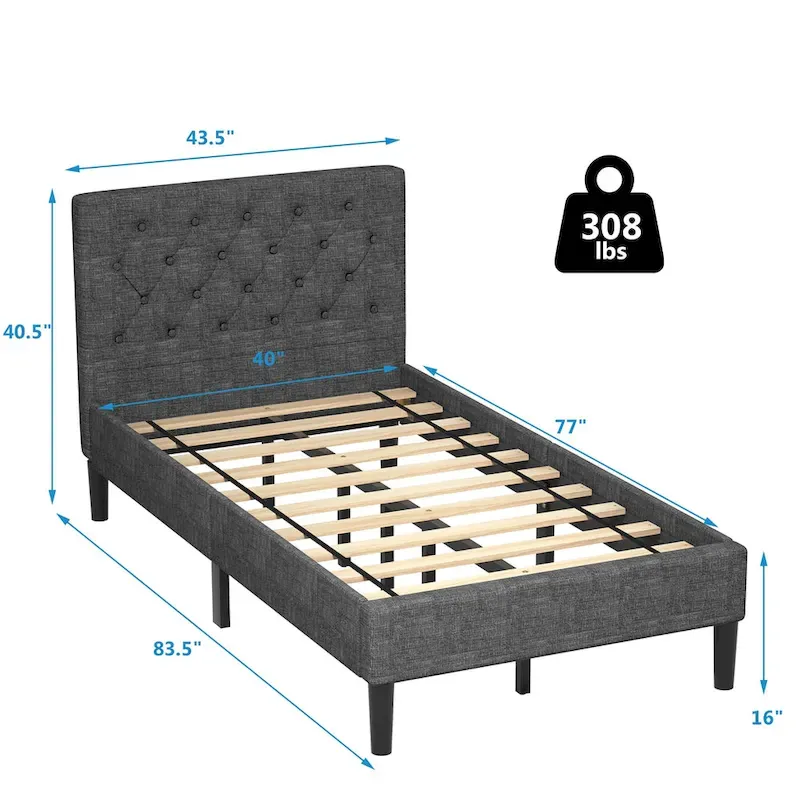 Twin Upholstered Bed Frame Diamond Stitched Headboard Wood
