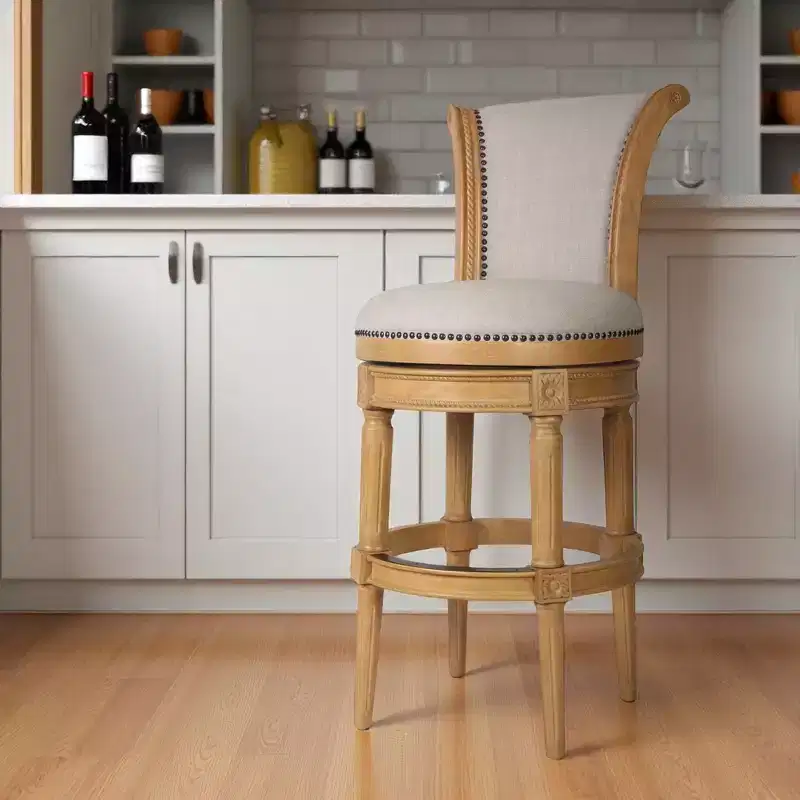 HomeRoots 30 Beige and Natural Fabric and Solid Wood Bar Height Swivel Bar Chair