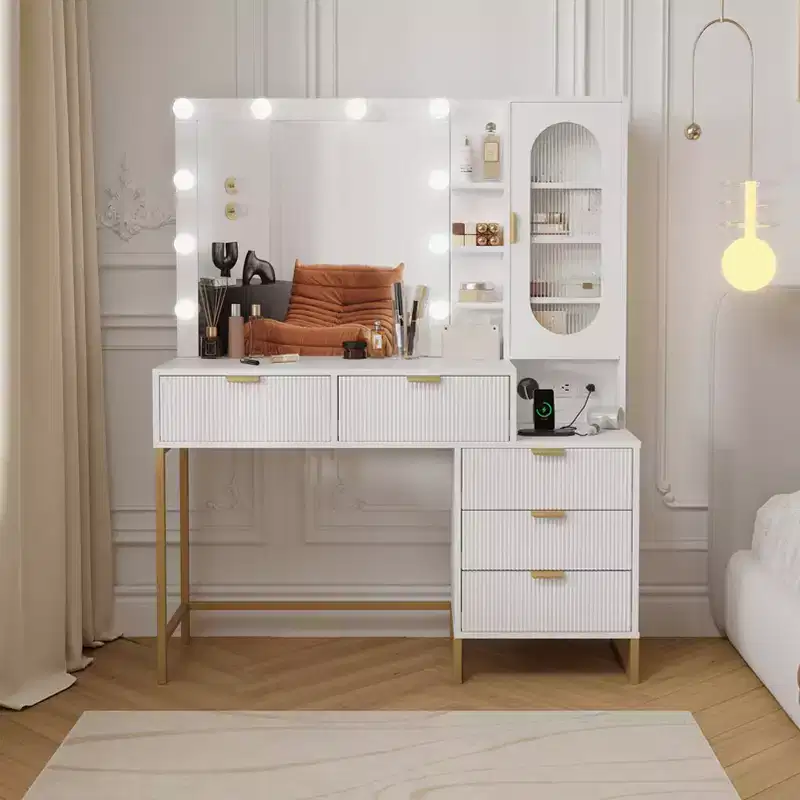 Modern Makeup Vanity Desk, Make Up Vanity Table with Lighted Mirror, Power Outlets, Large Storage Space, Wood Fluted Dressing Table for Women Girls