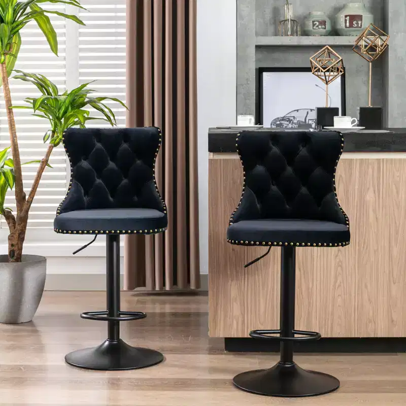 2 Turning Velvet Bar Stools, Adjustable Height, Tufted Back, Modern Upholstered for Kitchen, Pub, Dining Room