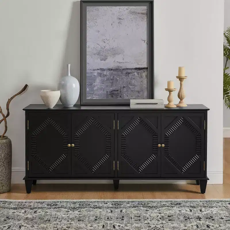 65 Mid-Century Modern Sideboard Buffet Cabinet, Large Storage Console Table with Geometric Doors and Adjustable Shelf - Panipeachy
