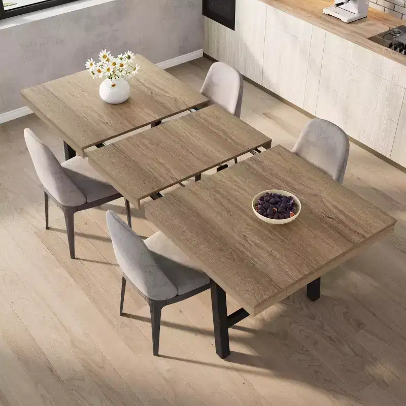 63-83 Extendable Industrial Dining Table. Rectangular Expandable Kitchen Table for 6-8 People. Metal Frame for Dining Room