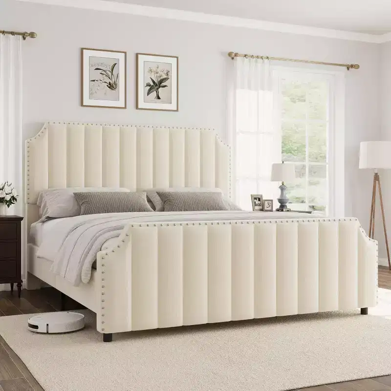 California King Velvet Bed Frame with 50.2 Vertical Channel Tufted Headboard & Footboard, Nailhead Trim, Upholstered Platform Bed