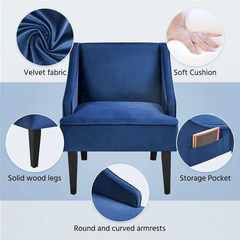 Modern Velvet Fabric Accent Chair with Rubberwood Legs – Upholstered Living Room Chair