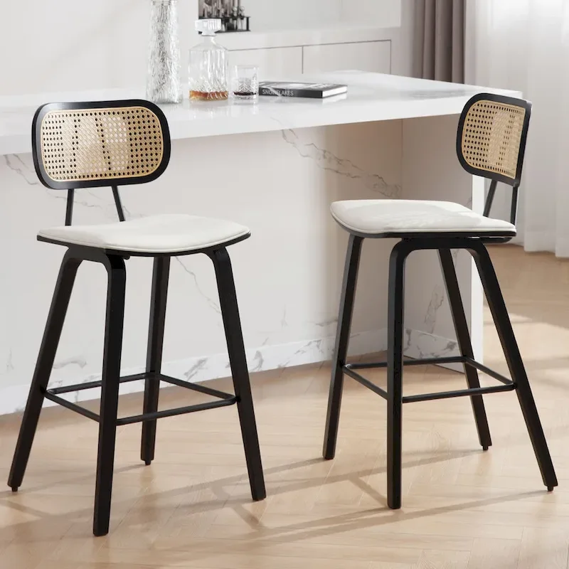 26-inch Wood Counter Height Bar Stools with Rattan Back