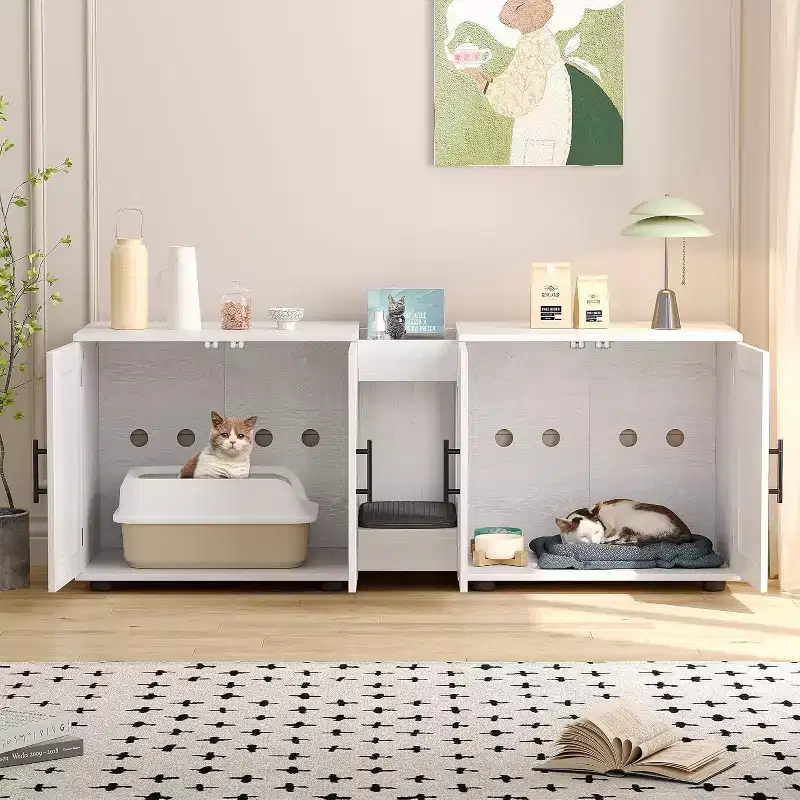 55 in 3-in-1 Cat Litter Box Enclosure with Double Rooms, Farmhouse Wooden Hidden Litter Box Furniture, 55x17.7x20.6 in