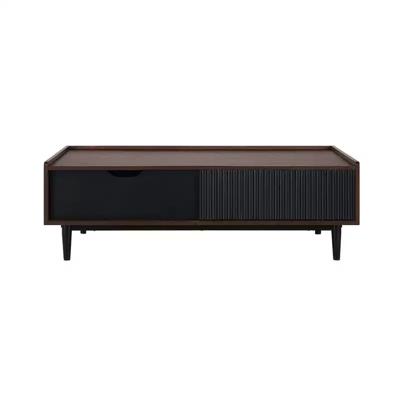 Ribbed Coffee Table with Drawer and Open Shelf – Wood
