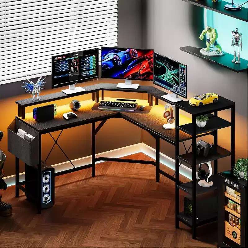 62 L-Shaped Computer Desk with Power Outlets, LED Lights, Monitor Stand & Storage Shelves, Ergonomic Corner Desk for Home Office