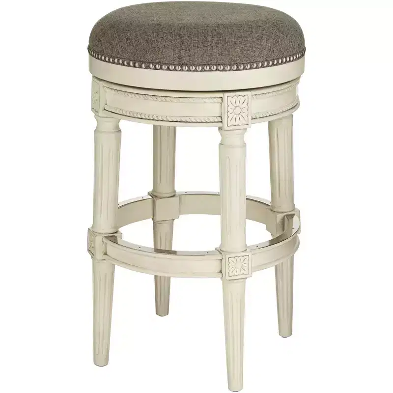 55 Downing Street Oliver Wood Swivel Bar Stool Distressed White 30 1/2 High Traditional Gray Round Cushion with Footrest for Kitchen Counter Height