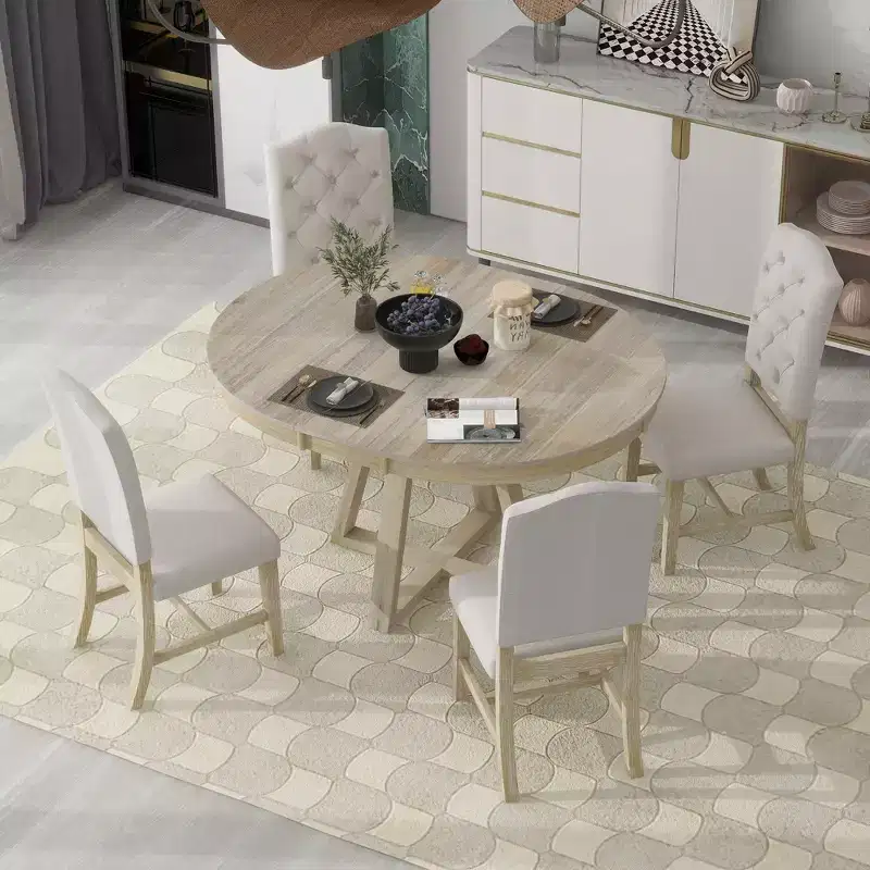5 Pieces Extendable Dining Set for 4, Round Table with Leaf and 4 Upholstered Chairs