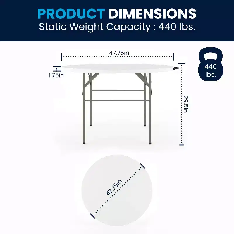 White Round Folding Table, Plastic Top, Seats 4