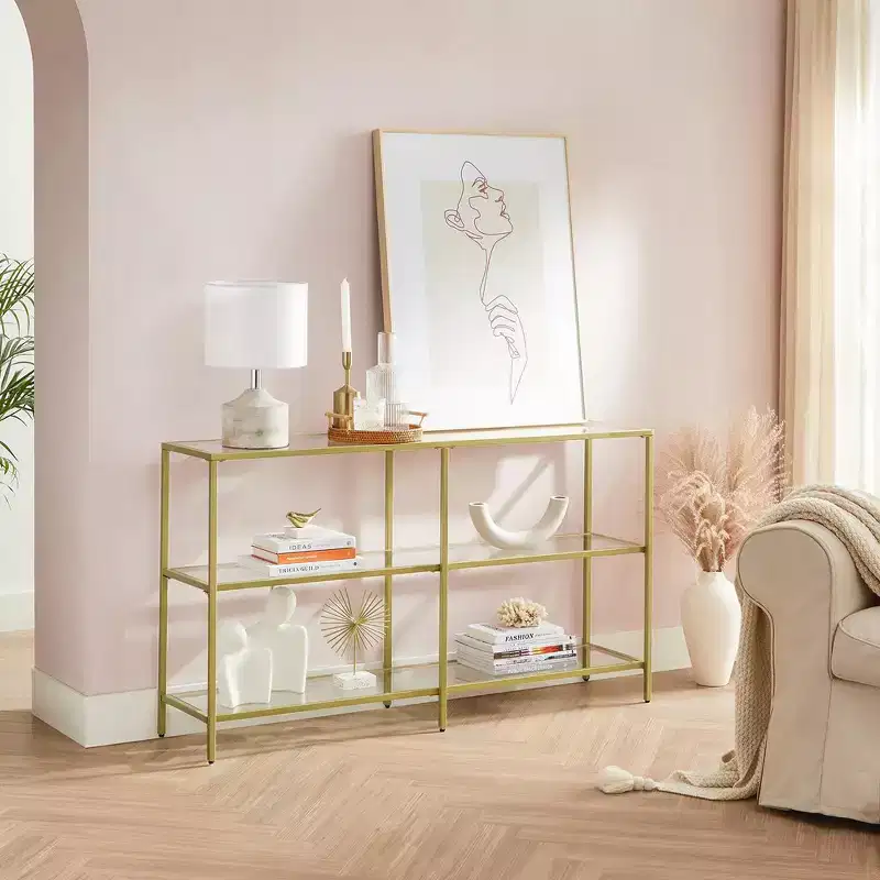 VASAGLE 51.2 Inch Console Table with 3 Shelves, Sofa Table, Entryway Table, Metal Frame, Tempered Glass Shelf, Modern Style